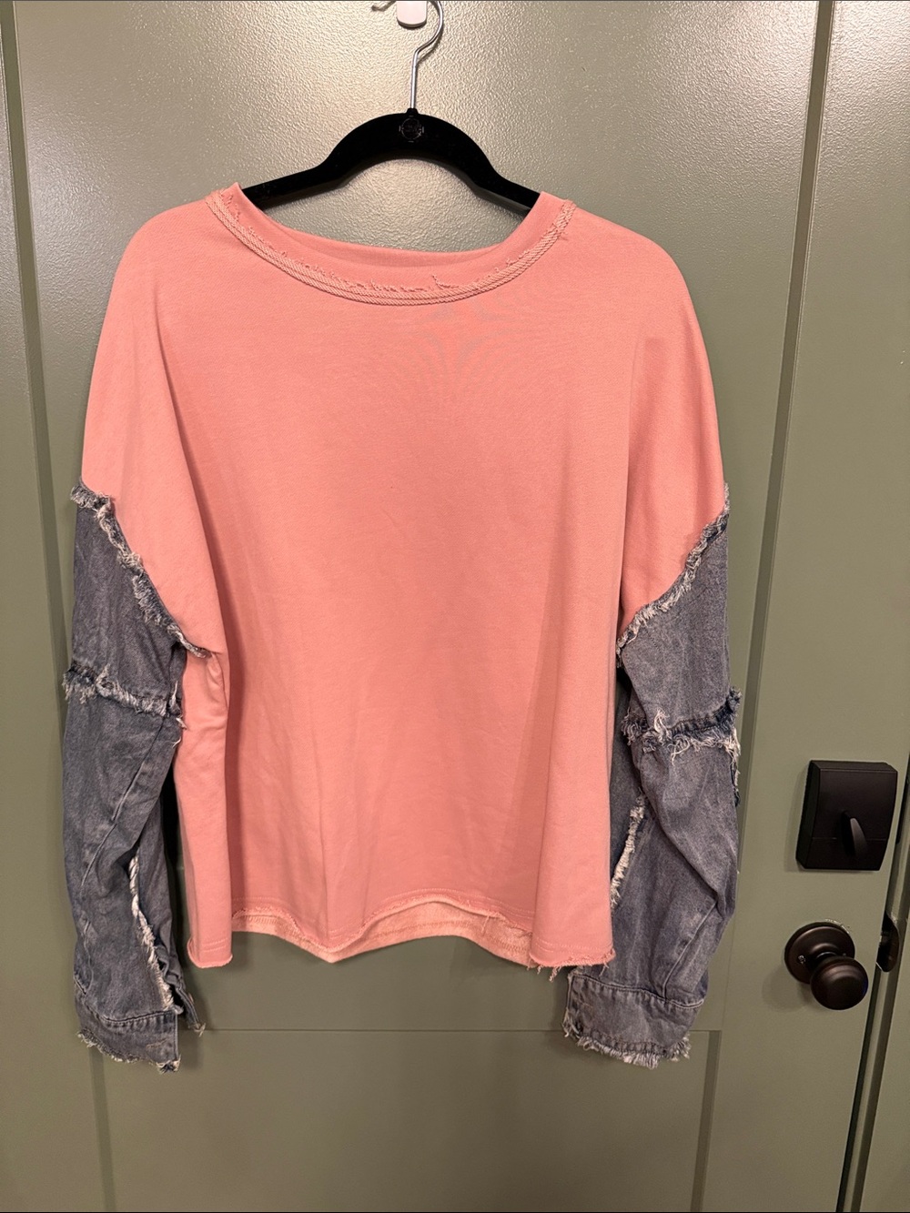easel Pink Knit Top with Distressed Denim Sleeves